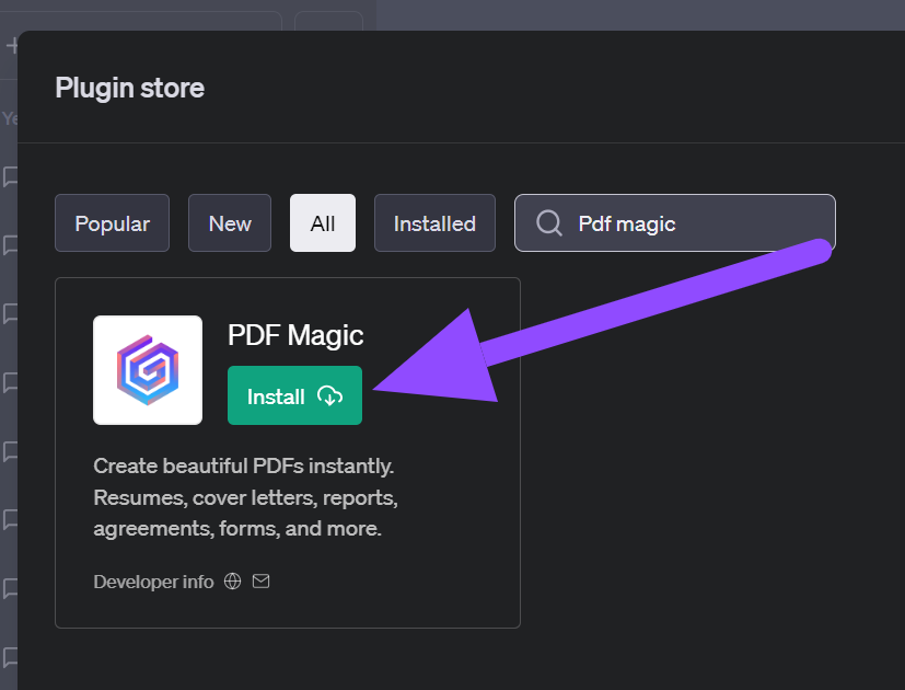 Screenshot showing the installation of the PDF Magic plugin in the ChatGPT Plugin Store.