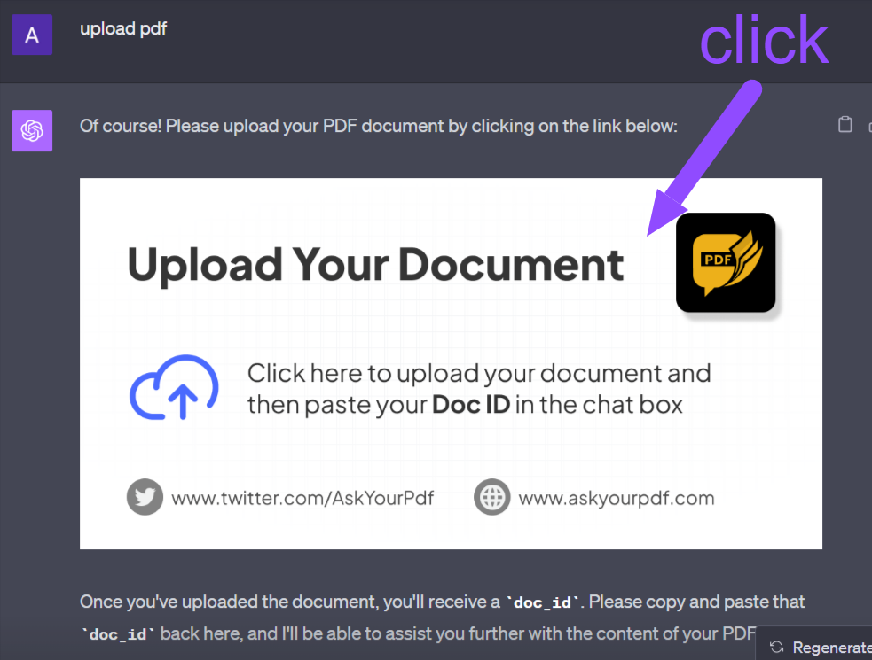 Prompting to upload a PDF as the first step in how to use Ask Your PDF in ChatGPT.