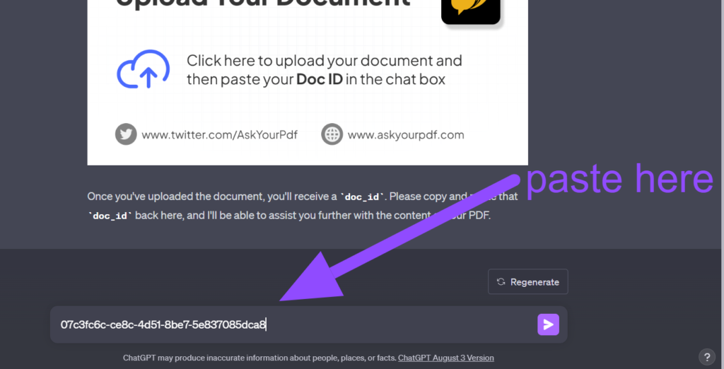 Pasting the doc ID code into ChatGPT, a key action in how to use Ask Your PDF in ChatGPT.