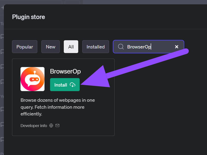 Step-by-step installation of the BrowserOp ChatGPT Plugin.